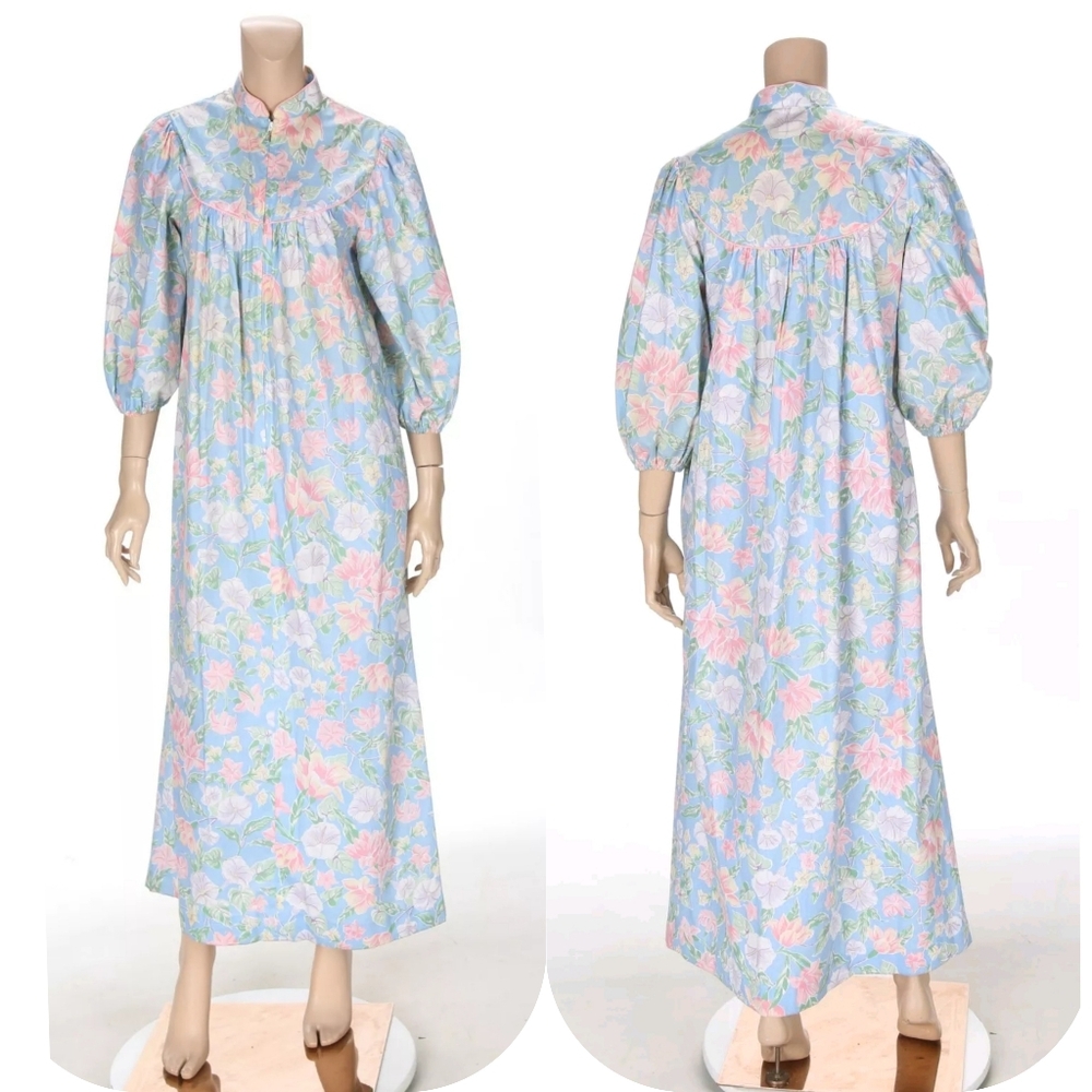 Models Coat Vintage 80s 90s Blue Floral Long Sleeve Night Gown House Dress sz 10